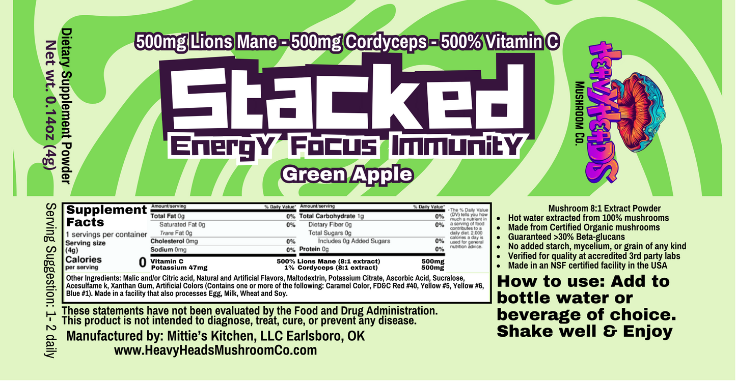 Stacked Beverage Enhancer with Lions Mane & Cordyceps - 8 Pack Energy - Focus - Immunity