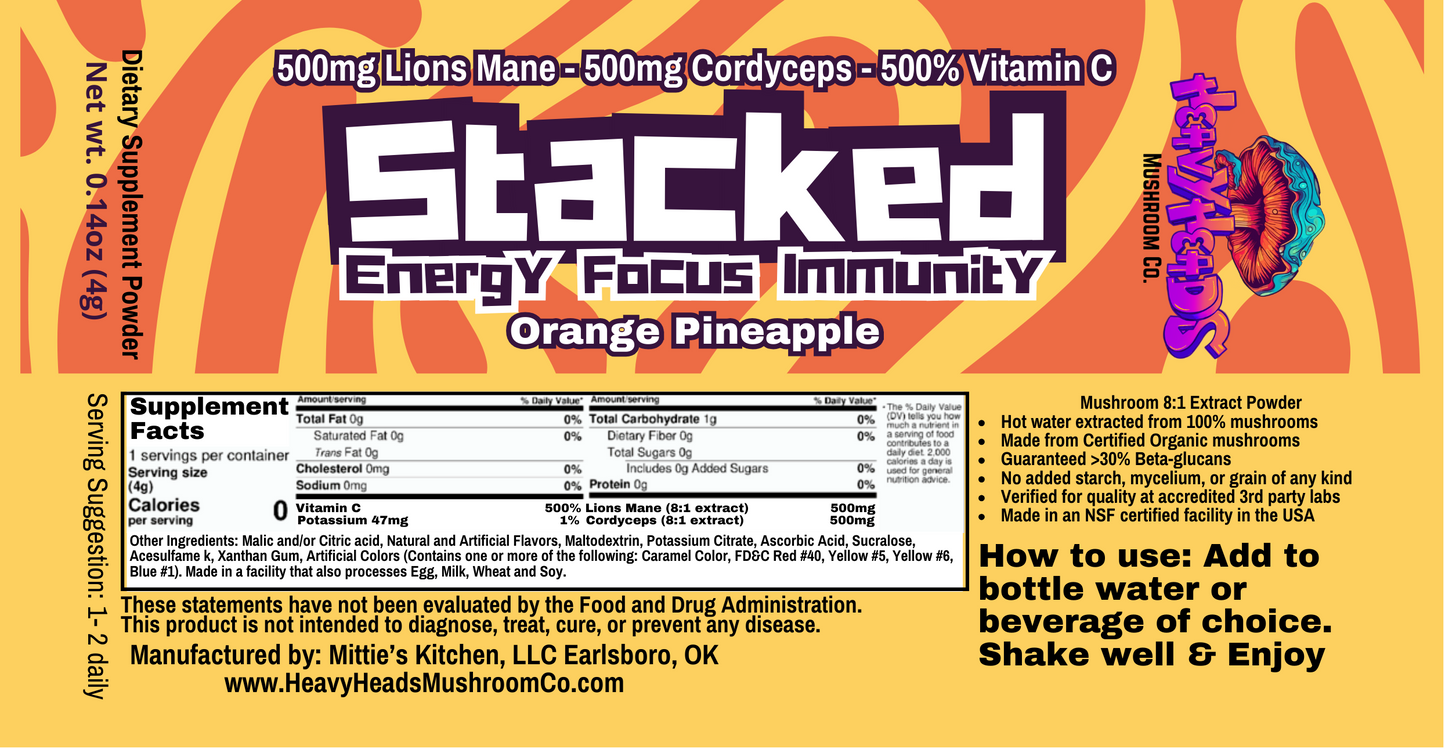 Stacked Beverage Enhancer with Lions Mane & Cordyceps - 8 Pack Energy - Focus - Immunity